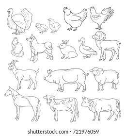 Vector illustration of outline figures of farm animals. Animals in line style on white background.