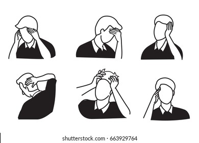 Vector illustration outline hand drawing style of man get pain at his head, headache, in various gesture. Black and white tone.