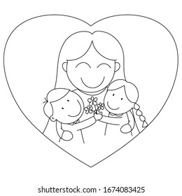 vector illustration. Outline hand drawn Happy mother day. Mother, daughter and son. Coloring book.