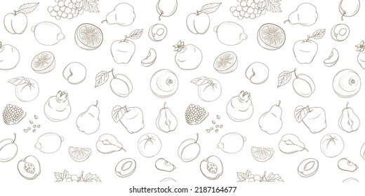 Vector illustration Outline hand drawn seamless colorfull fruit pattern (flat style, thin line).Peach, pear, plum, orange, lemon, grapefruit, grape, pomegranate, apple