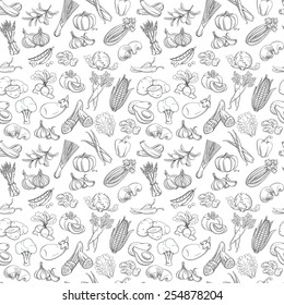 Vector illustration Outline hand drawn seamless  vegetable pattern (flat style, thin  line). Black and white