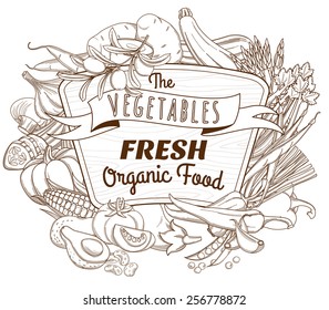 Vector illustration Outline hand drawn sketch vegetable wooden frame (flat style, thin  line) 
