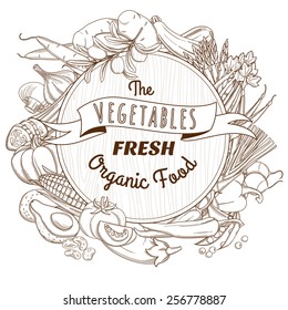 Vector illustration Outline hand drawn sketch vegetable wooden frame (flat style, thin  line) 