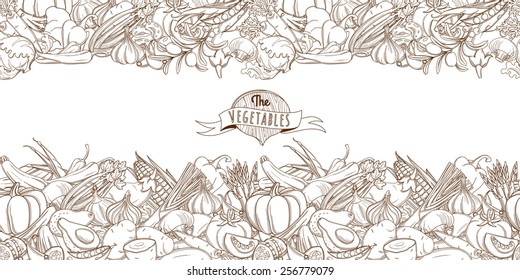 Vector Illustration Outline Hand Drawn Sketch Seamless Vegetable Border (flat Style, Thin  Line) 