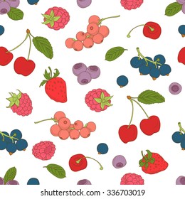 Vector illustration Outline hand drawn seamless berry pattern (flat style, thin line)