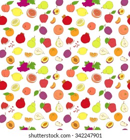 Vector illustration Outline hand drawn seamless colorful fruit pattern (flat style, thin line).Peach, pear, plum, orange, lemon, grapefruit, grape, pomegranate, apple
