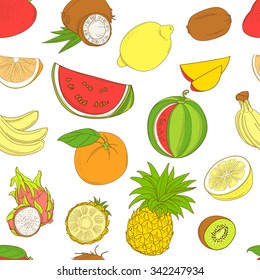 Vector illustration Outline hand drawn seamless colorful fruit pattern (flat style, thin line). Mango, coconut, lemon, kiwi, orange, watermelon, banana, dragonfruit, pineapple.