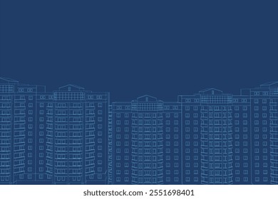 Vector illustration of outline of high-rise buildings made of blue lines isolated on dark background. View front.