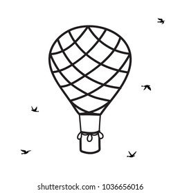 Vector illustration of outline hot air balloon with birds. Isolated icon of cartoon air balloon. Hand drawn for print, card, flyer, fabric, textile, poster. 
