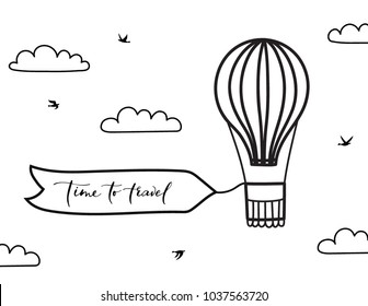 Vector illustration of outline hot air balloon on sky with banner, clouds and birds. Isolated icon of cartoon air balloon. Hand drawn for print, card, flyer, fabric, textile, poster. 