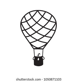 Vector illustration of outline hot air balloon with people. Isolated icon of cartoon air balloon with passengers. Hand drawn for print, card, flyer, fabric, textile, poster.