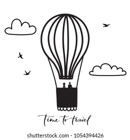 Vector illustration of outline hot air balloon with people, clouds, birds. Isolated icon of cartoon air balloon with passengers. Hand drawn for print, card, flyer, fabric, textile, poster. 