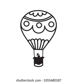 Vector illustration of outline hot air balloon with people. Isolated icon of cartoon air balloon with passengers. Hand drawn for print, card, flyer, fabric, textile, poster. 