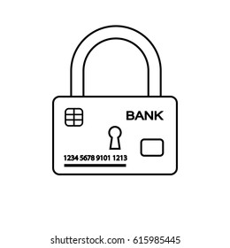 Vector illustration. Outline icon of security of electronic, online payments and safety of money. Bank card and lock.