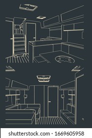 Vector illustration of an outline interior of the cabins of a company sailing yacht