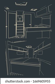 Vector illustration of outline interior of company cabins and bedroom of sailing yacht