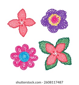 vector illustration of outline of isolated embroidered or crocheted flowers in pink, coral, purple, blue, yellow and green colors on a white background