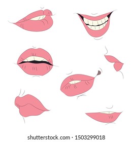 vector illustration of the outline of the lips drawing colored, vector, white background, bright red lips