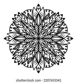 Vector Illustration Outline Mandala Flower Isolated on a White Background. Circular Ornament in Ethnic Oriental Style. Design for Henna, Mehndi, Tattoo, Floral Pattern, Decoration, Coloring Book Page.