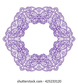 vector illustration, outline, mandala, frame, butterfly, summer, doodle style