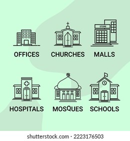 vector illustration of the outline of the mosque building, church, school, office, mall, hospital.