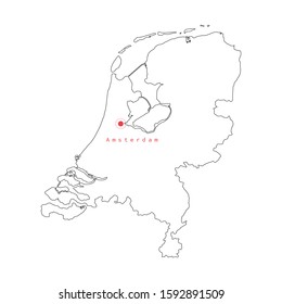 Vector illustration of outline Netherlands map with capital city Amsterdam. 
