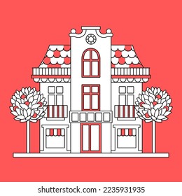 Vector illustration. Outline old-style two-storied house with shop on the first floor. Fruit trees on both sides of the house.