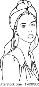 Vector illustration outline portrait girl with hat and blouse,fashion model