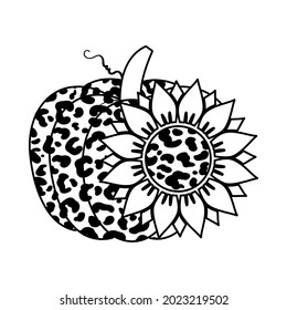 Vector illustration of outline pumpkin or cucurbita with leopard print and sunflower on white background. Pumpkin for print, t shirt design, farm market, fall harvest banner, Thanksgiving, Halloween. 