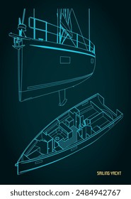 Vector illustration of outline sailing yacht and structure of its interior