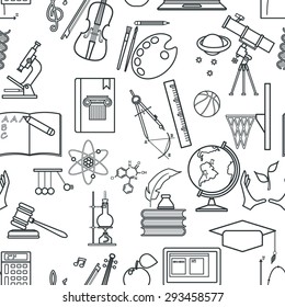 Vector Illustration of Outline School Subject Icon for Design, Website, Background, Banner. Infographic Learning Element for Notebook Template. Study and Science seamless Pattern