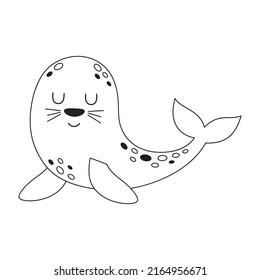 vector illustration of outline seal isolated on white background, cute ocean happy mammal