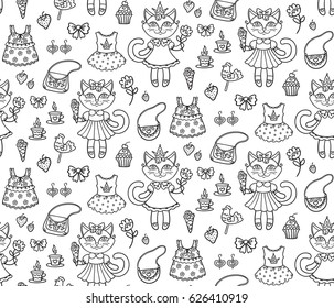 Vector, illustration, outline, set, little princess, friends, cat, girl, dress, bag, coffee, sweets, crown, children coloring page,summer, seamless pattern