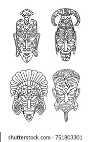 vector, illustration, outline, set, mask, africa, sorcerer, face, design element