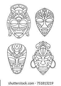 vector, illustration, outline, set, mask, africa, shaman, sorcerer, face, design element