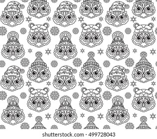 vector illustration, outline, set, owl, hat, winter, head, adult coloring book, doodle style, seamless pattern, bird, holiday