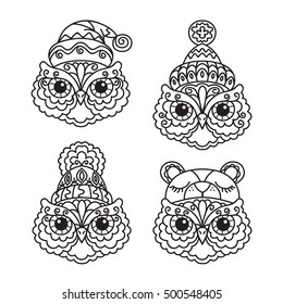 vector, illustration, outline, set, owl, hat, adult coloring book, doodle style, bird, cap