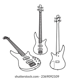 Vector illustration of Outline silhouette of bass guitar, stringed musical instrument vector outline line art, front, isometric and rear view, isolated on white background