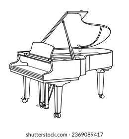 Vector illustration of Outline silhouette of  hand drawn grand piano line art, piano musical instrument vector outline line art, isometric view, isolated on white background