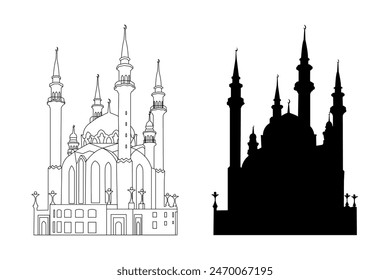 Vector illustration of the outline and silhouette of the Kul Sharif Mosque in Kazan on a white background. A landmark of Tatarstan, Russia.