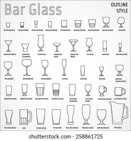 Vector Illustration Of Outline Silhouette Set Of Bar Glass  For Design, Website, Background, Banner. Restaurant Element Isolated Template For Menu. Vodka, Beer, Whiskey, Wine For Infographic