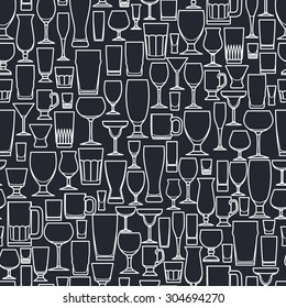 Vector Illustration of Outline silhouette Set of Bar Glass  for Design, Website, Background, Banner. Restaurant Seamless Pattern Template for Menu. Vodka, Beer, Whiskey, Wine