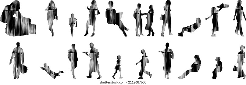 Vector Illustration, Outline Silhouettes Of People, Contour Drawing, People Silhouette, Architecture Sketch People , Silhouette Of Sitting People, Architectural Set