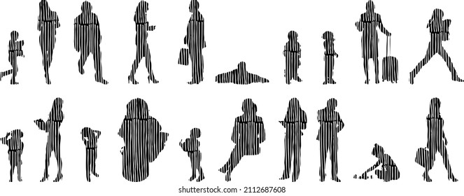 Vector illustration, Outline silhouettes of people, Contour drawing, people silhouette, architecture sketch people , Silhouette of sitting people, Architectural set