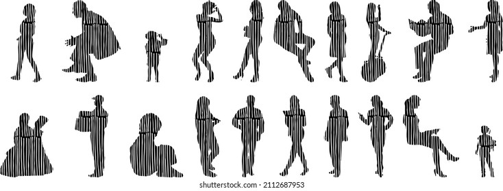 Vector illustration, Outline silhouettes of people, Contour drawing, people silhouette, architecture sketch people , Silhouette of sitting people, Architectural set