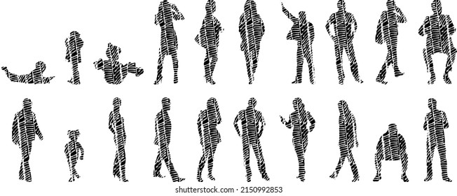 Vector illustration, Outline silhouettes of people, Contour drawing, people silhouette, architecture sketch people , Silhouette of sitting people, Architectural set	
