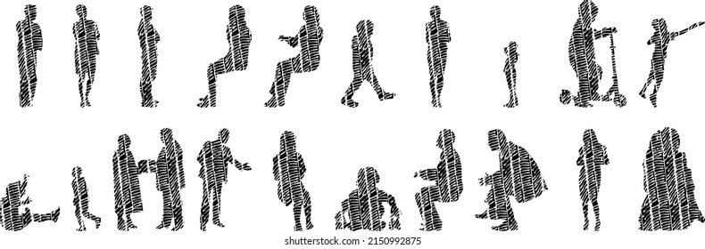 Vector illustration, Outline silhouettes of people, Contour drawing, people silhouette, architecture sketch people , Silhouette of sitting people, Architectural set	
