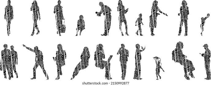 Vector illustration, Outline silhouettes of people, Contour drawing, people silhouette, architecture sketch people , Silhouette of sitting people, Architectural set	
