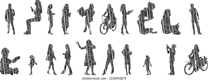 Vector illustration, Outline silhouettes of people, Contour drawing, people silhouette, architecture sketch people , Silhouette of sitting people, Architectural set	
