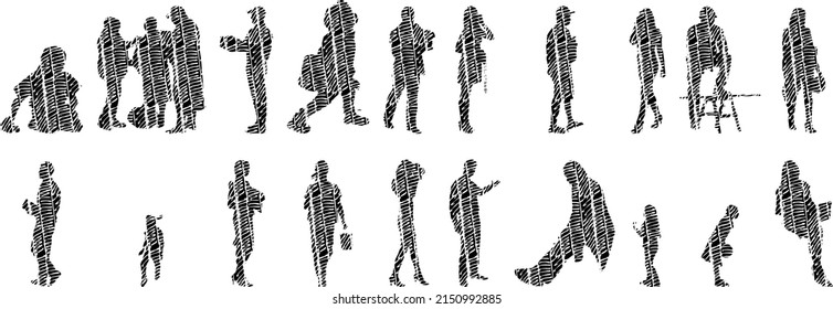 Vector Illustration, Outline Silhouettes Of People, Contour Drawing, People Silhouette, Architecture Sketch People , Silhouette Of Sitting People, Architectural Set	
